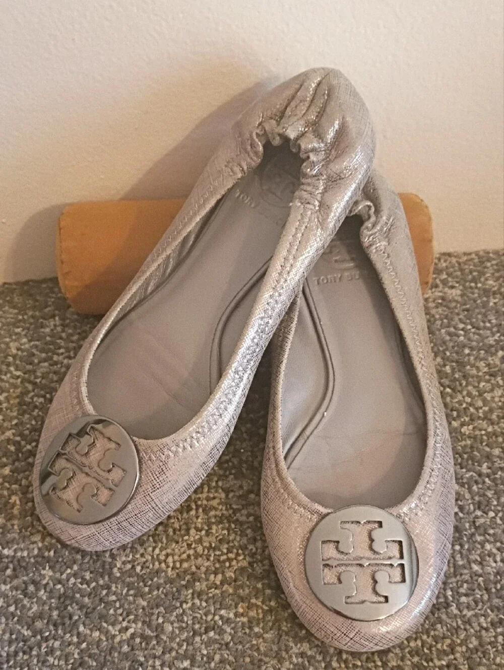 Tory Burch Metallic Silver Logo Ballet Flats - Women's